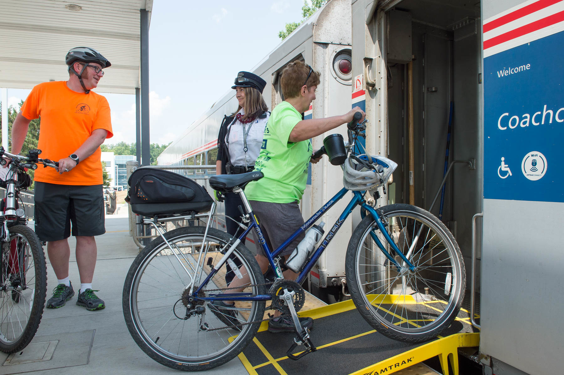 Transporting a bike by train.