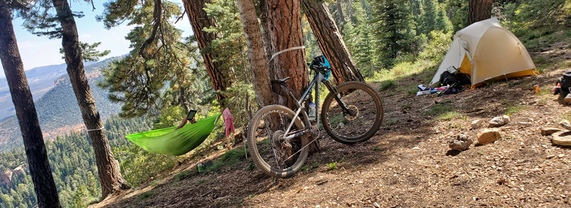 bicycle near a tent and a hammock