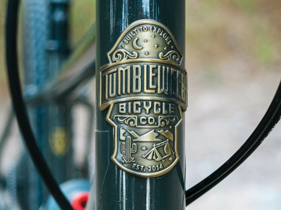 Close up of Tumbleweed badge on head tube.